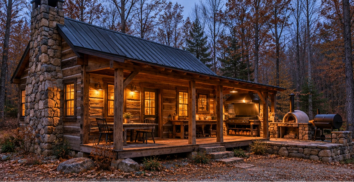 Concept of a small timber cabin with covered porch